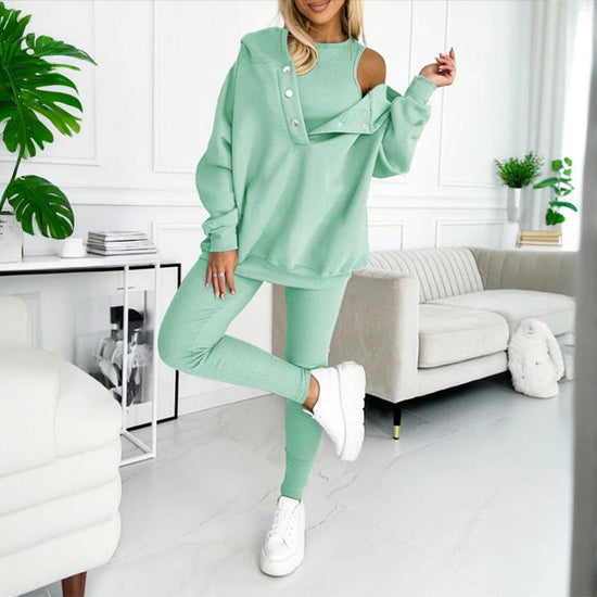 Women's Solid Color 3-Piece Set Sleeveless Vest & Hooded Button Placket Long Sleeve Sweatshirt & Slim Fit Pants Sporty Casual Outfit CJ US
