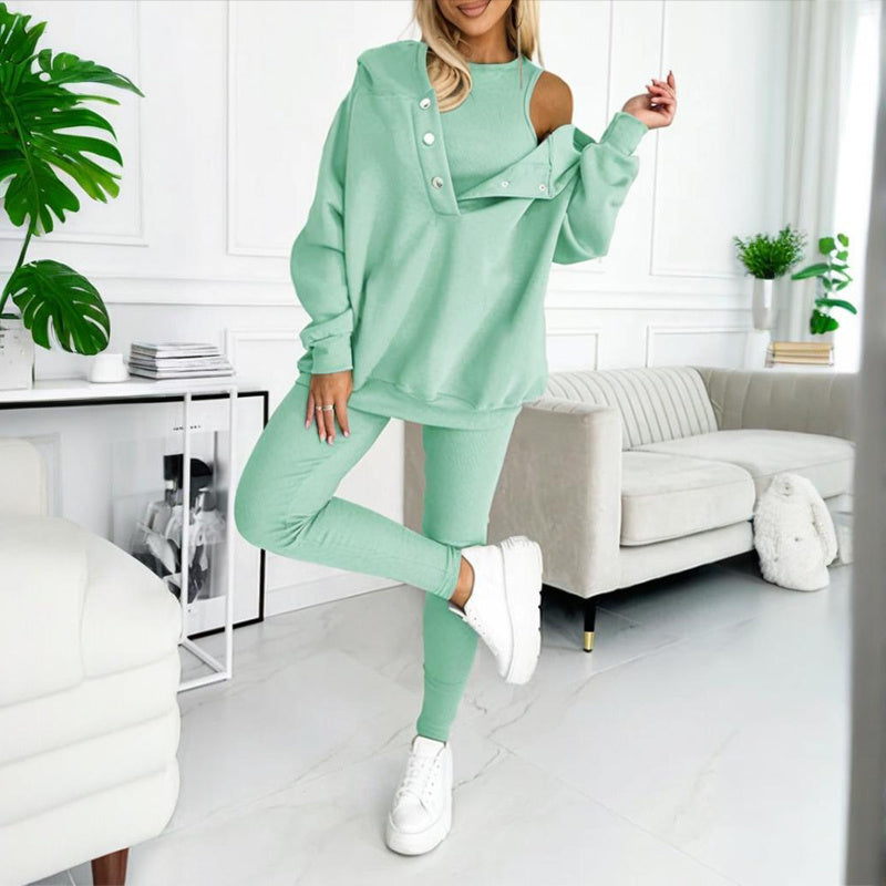 Women's Solid Color 3-Piece Set Sleeveless Vest & Hooded Button Placket Long Sleeve Sweatshirt & Slim Fit Pants Sporty Casual Outfit CJ US