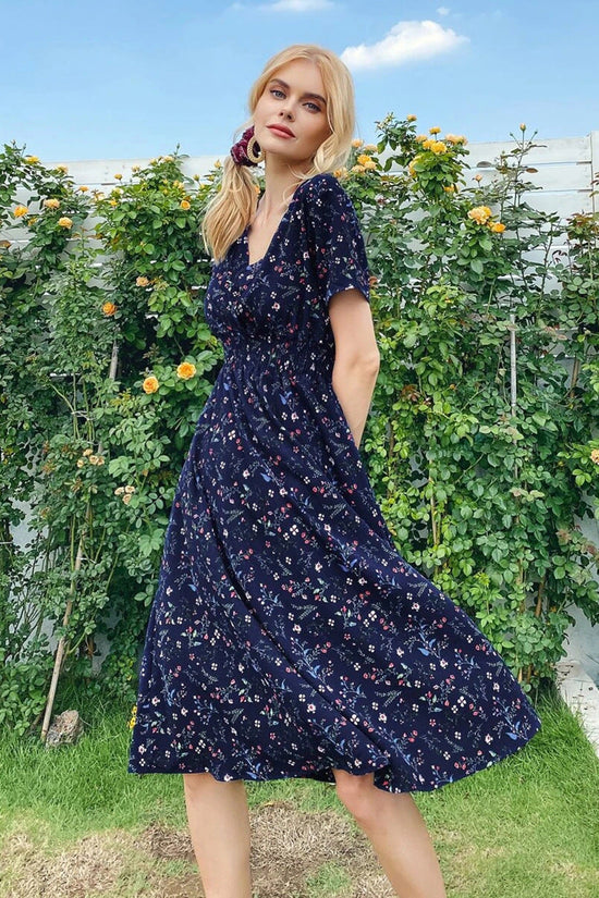 Women's V-Neck Floral Print Dress - A-Line Waisted Summer Maxi Dress 