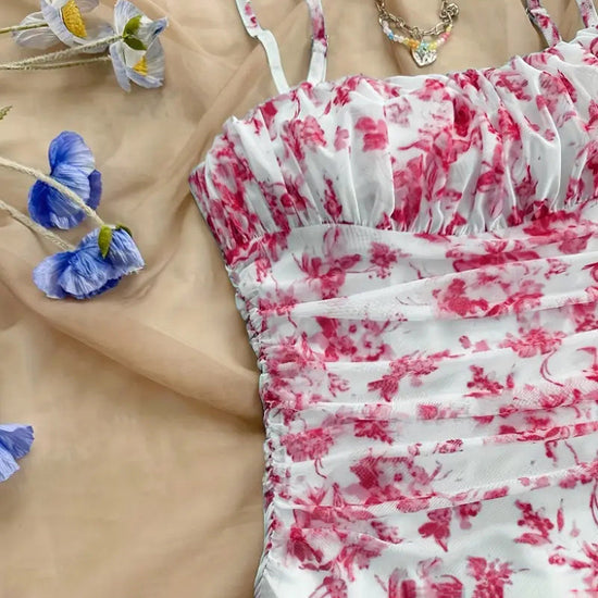 Boho Floral Spaghetti Strap Mini Dress – Ruched Ruffle Hem Vacation Sundress CJ