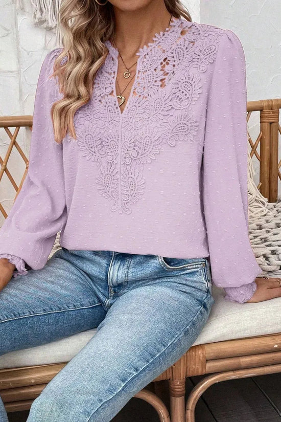 Swiss Dot Lace Detail Notched Long Sleeve Blouse 