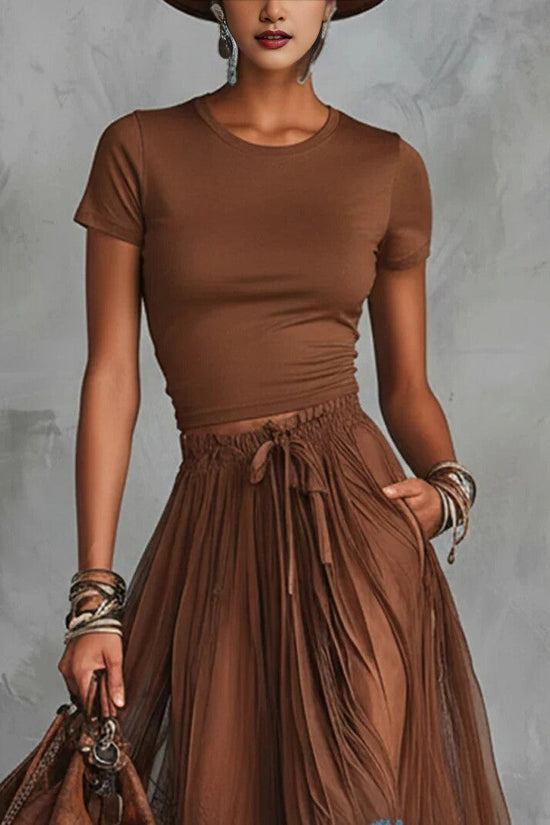 Short-sleeve Top And Lace-panel Midi Skirt Set 