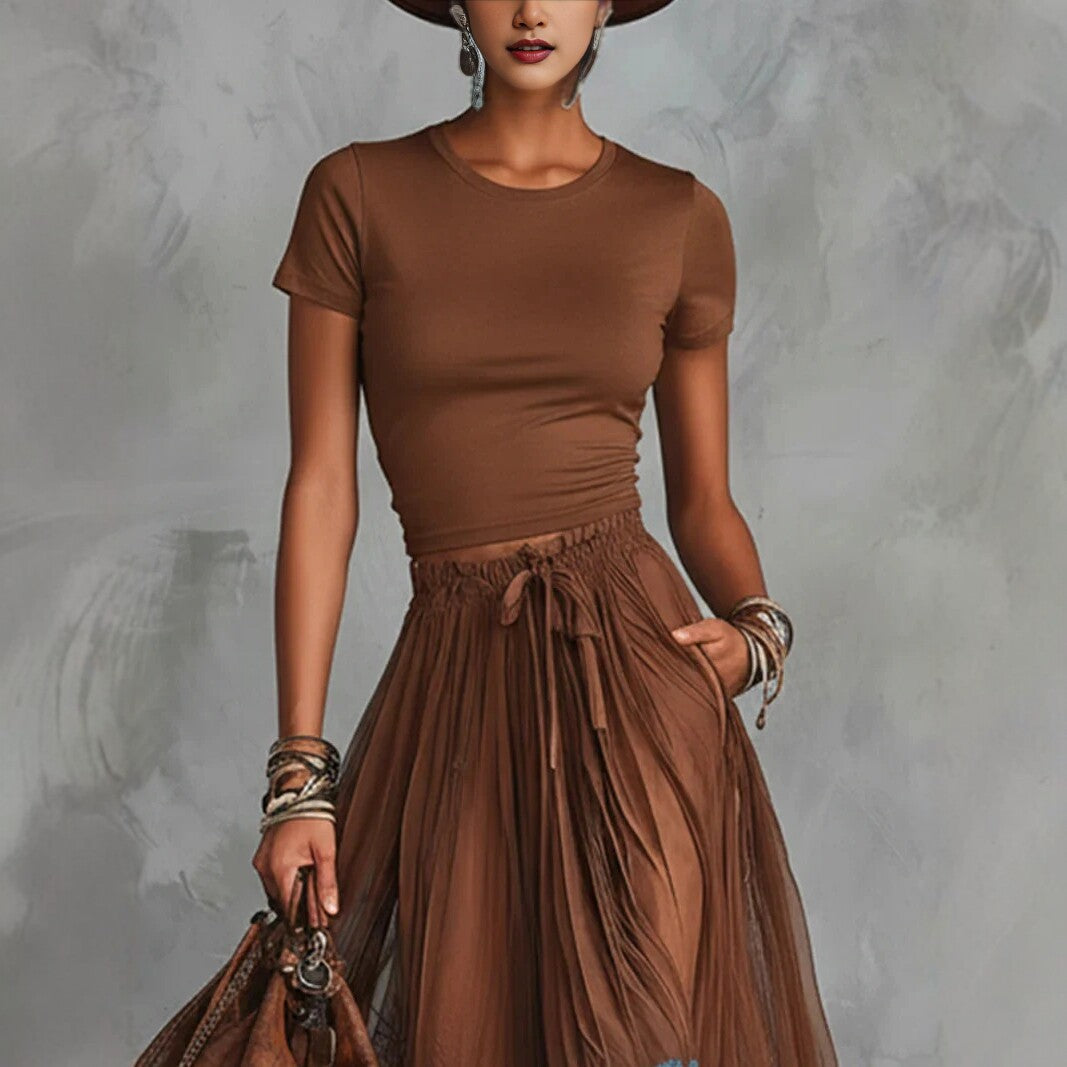 Short-sleeve Top And Lace-panel Midi Skirt Set 