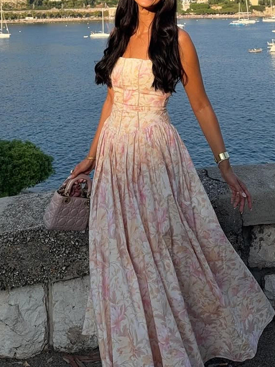 Sexy Printed Strapless Dress Summer Fitted Backless Long Dress Elegant High-End Style Beautiful Summer Dress 