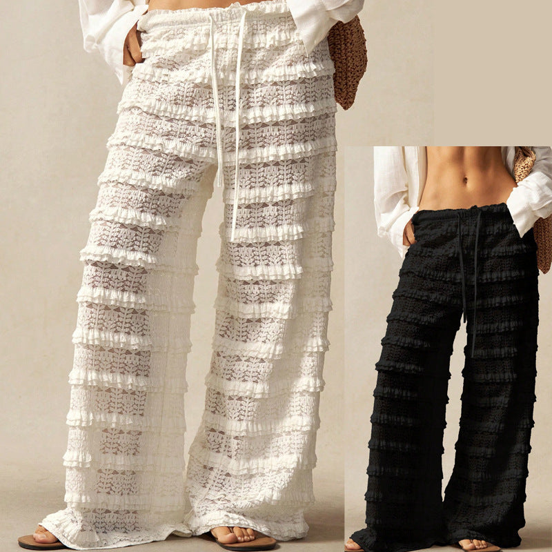 Streetwear Casual Solid Color Lace Jacquard Hollow-out Patchwork Tie-up Straight Leg Pants 