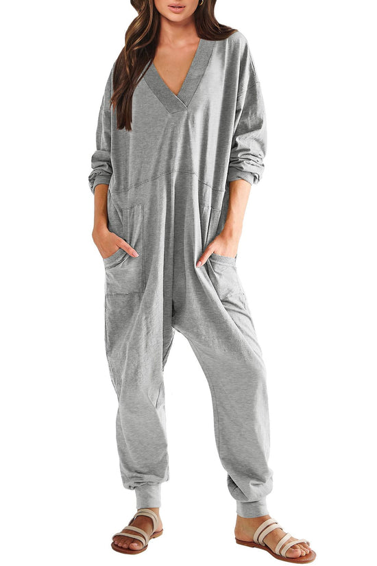 Women's V-neck Long Sleeve Solid Color Loose Jumpsuit With Two Side Pockets 
