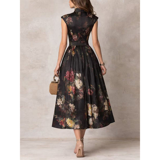 Sleeveless black three-dimensional floral print long skirt slim fit dress 