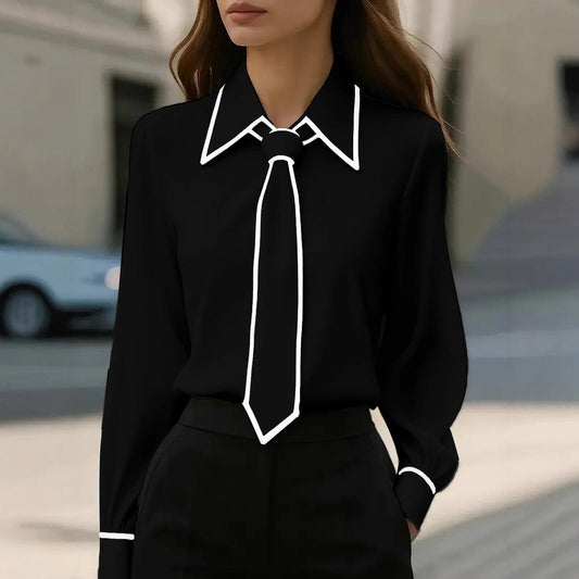 Autumn Fashion Solid Color Commute Tie Design Long Sleeve Shirt Women's Clothing 