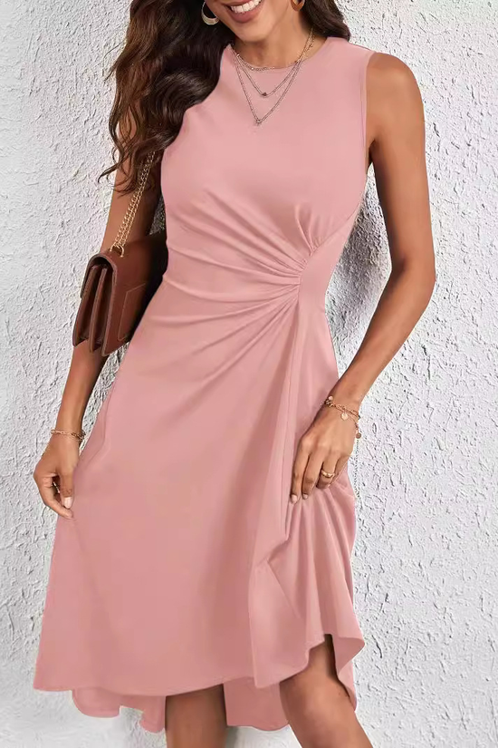 Solid Color Split Hem Fitted Long Sleeve Round Neck Dress 