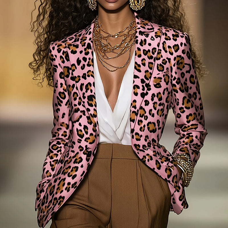 Women's Pink Leopard Blazer Long Sleeve Button Front Notch Lapel Jacket For Casual Office Work Wear CJ US