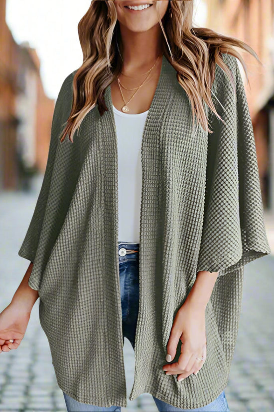 Women’s Bat Sleeve Knit Cardigan – Waffle Texture Open Front Sweater CJ US