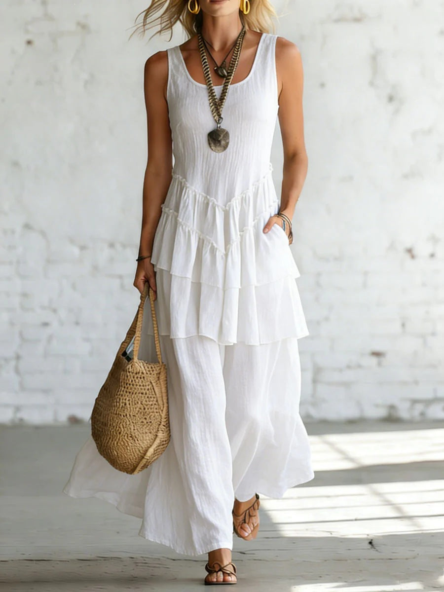 Cotton-linen Loose-fit Maxi Dress With A Sleeveless Design 