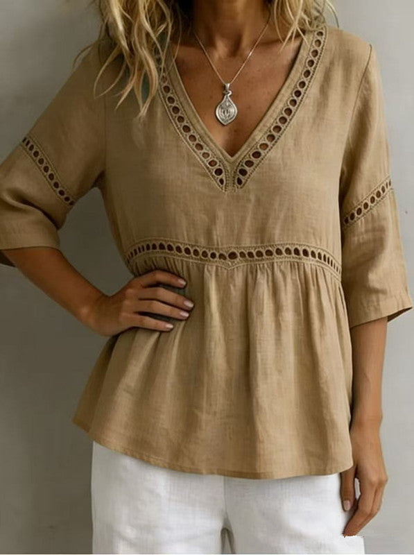 Solid-color V-neck Hollow-out Casual Fringed Top 