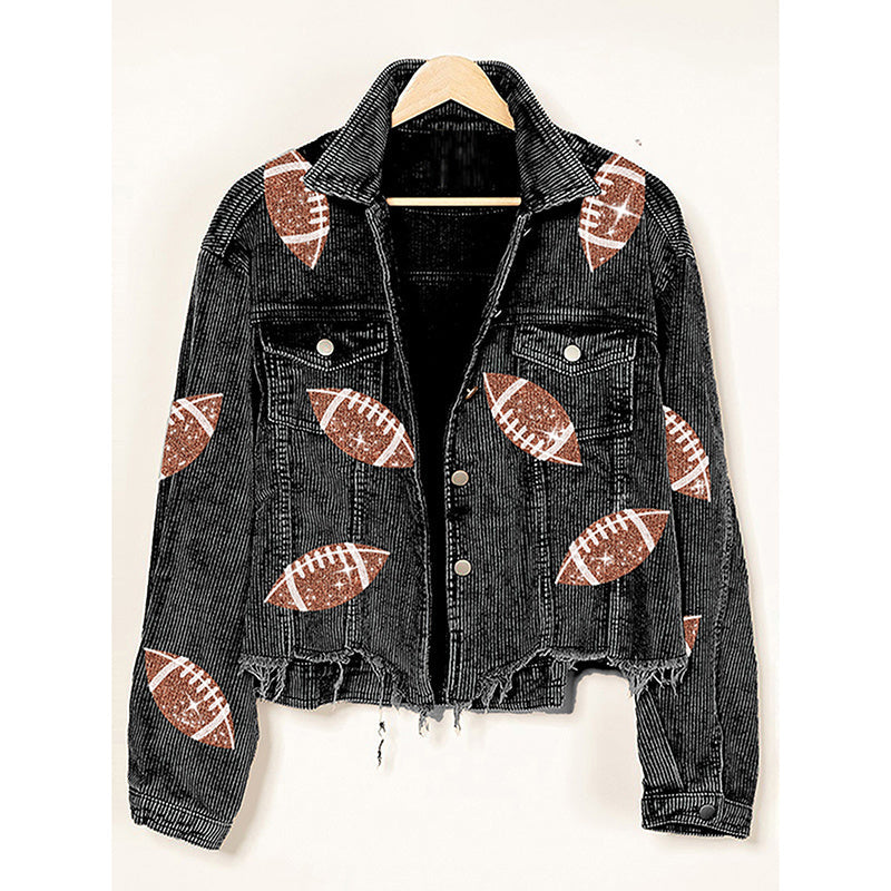 Women's Cropped Corduroy Jacket, Football Game Day Short Jacket With Button Front And Raw Hem For Fall Outfits CJ US