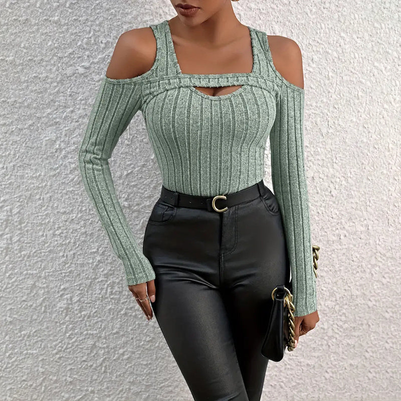 Women's Ribbed Long Sleeve Top Cut Out Front Detail Fitted Sexy Tee Casual Dressy T-Shirt Tops CJ US