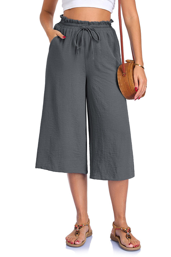 Women's Solid Color All-Match Elastic Cropped Pants Loose Wide-Leg Trousers 