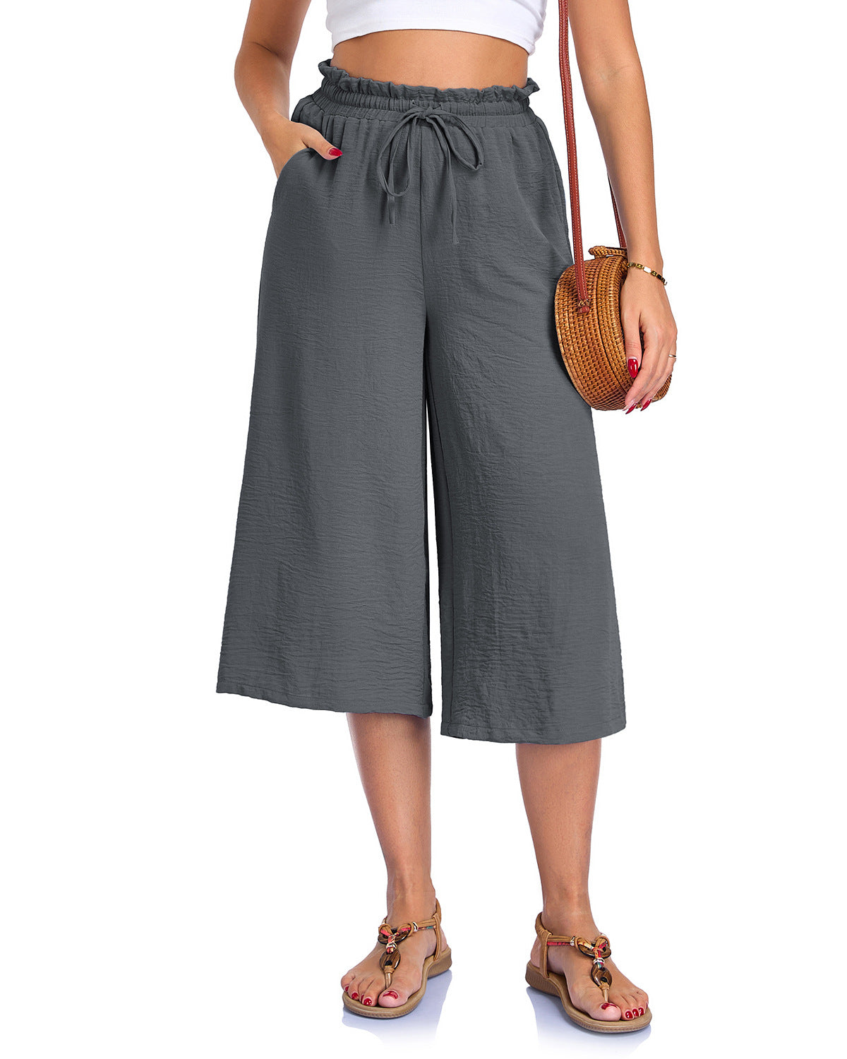 Women's Solid Color All-Match Elastic Cropped Pants Loose Wide-Leg Trousers 