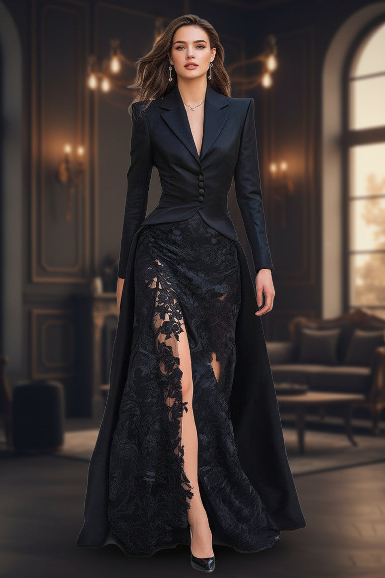Chic Lace Suit Collar Two-Piece Long Sleeve Dress for Women 