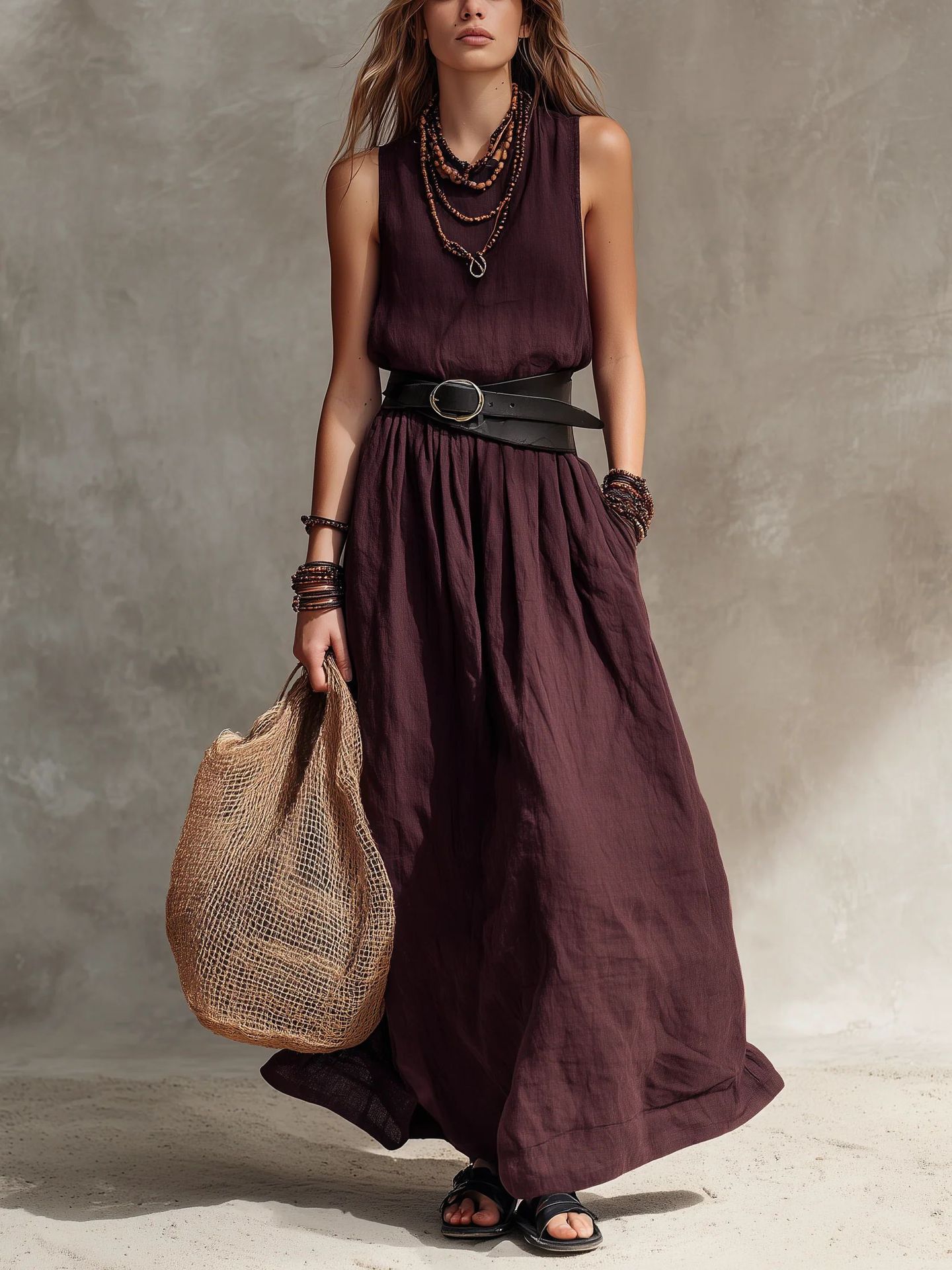 Turn-down Collar Long Sleeveless Dress 