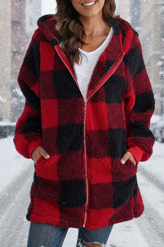 Women's Plaid Hooded Jacket, Long Sleeve Zip Up Oversized Coat With Pockets For Winter Casual And Commute CJ US