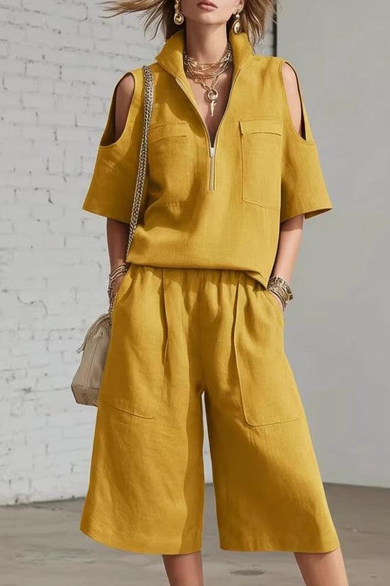 Womens Short-Sleeve Shirt And Shorts Loose Pants Two-Piece Set 