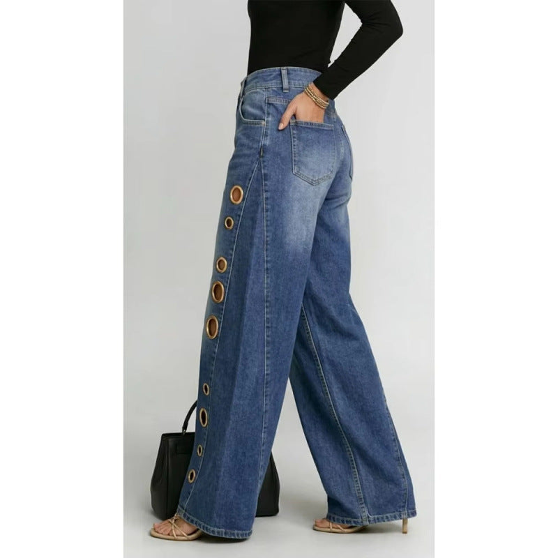New jeans for women, metal eyelet design, casual loose high-waisted wide-leg jeans 