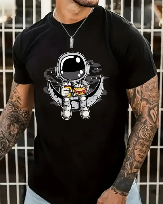 Cartoon Astronaut Pattern T-shirt, Summer Men's Casual Street Style Elastic Round Neck T-shirt CJ US