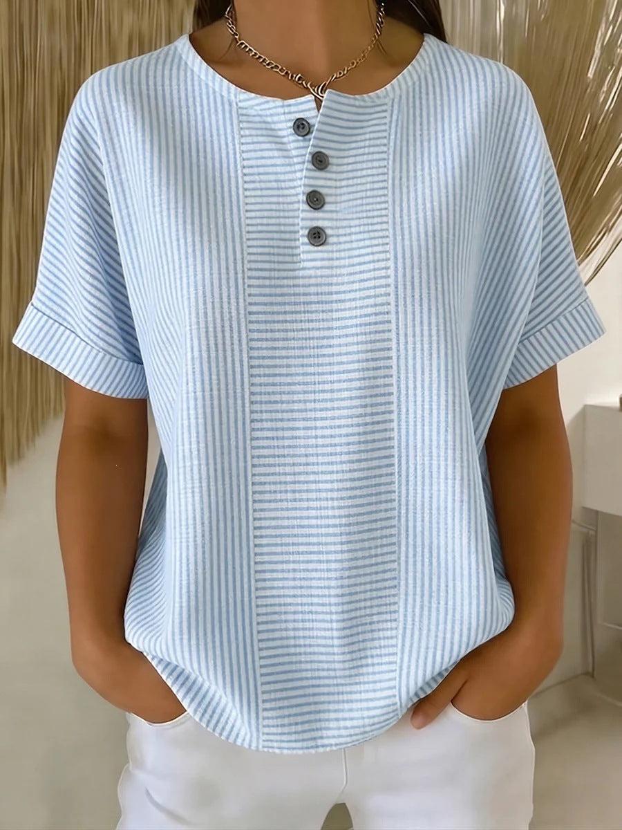 Casual Solid Color V-Neck Buttoned Striped Cotton-Linen T-Shirt 