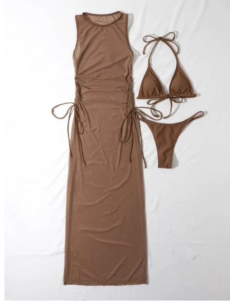 Bikini Swimwear Set, Solid Color Long Dress, Sexy Three-Piece Separated Swimsuit for Women 