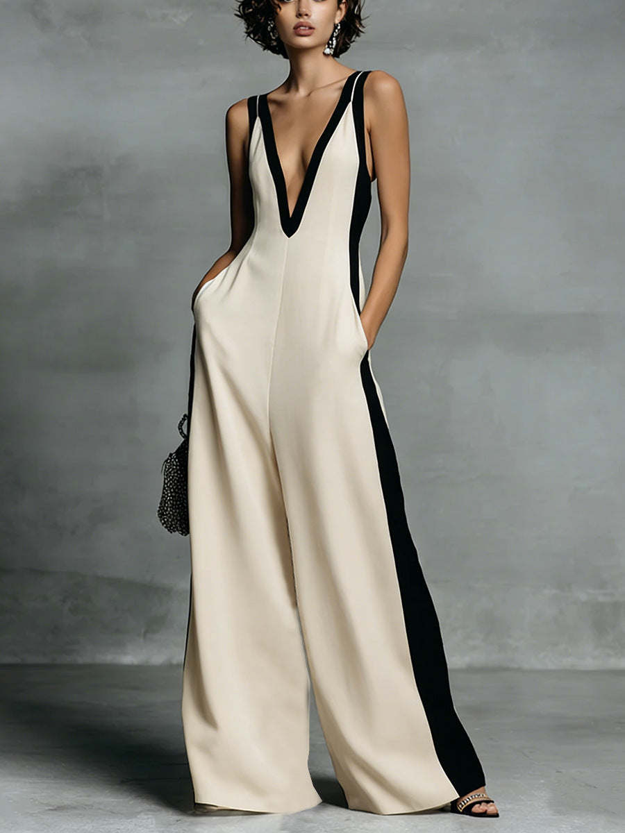 Fashion Color-block Sleeveless V-neck Wide-leg Jumpsuit for Women 
