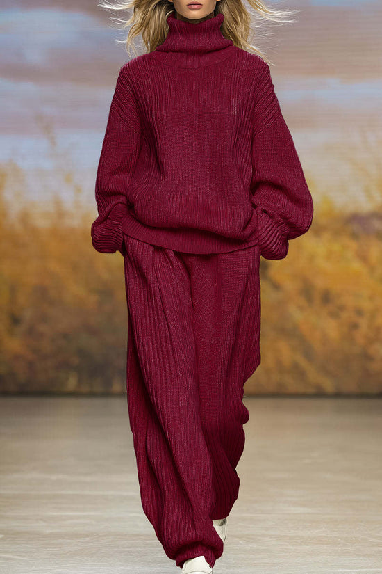 Casual Knit Loose High Neck Wide Leg Pants Set 