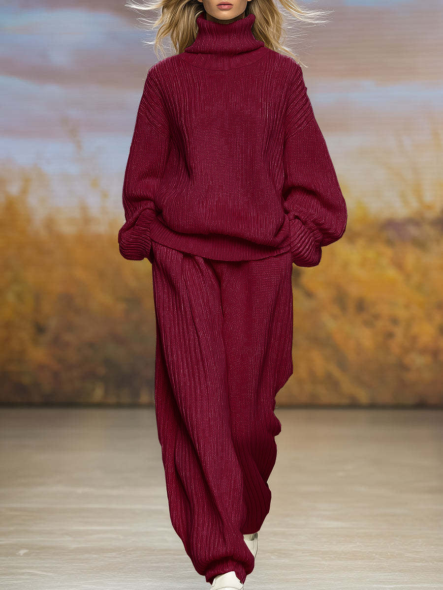 Casual Knit Loose High Neck Wide Leg Pants Set 
