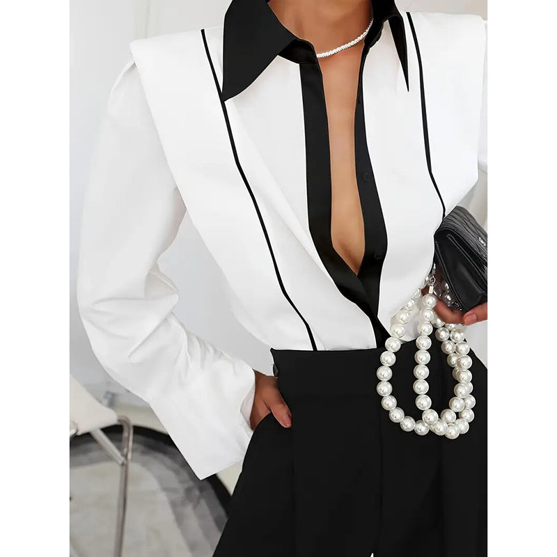 Women's Black & White Colorblock Button Down Shirt, Elegant Long Sleeve Collared Blouse, Office Work Tops CJ US
