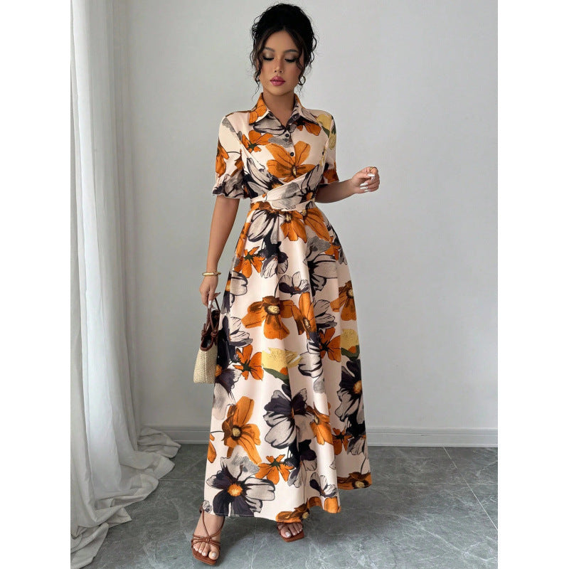 Womens Blouse-collar Puff-sleeve Cross-tie Waist Printed Dress 