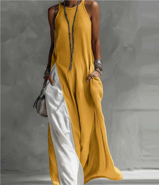 Womens Sleeveless Loose-Fit Color-Block Casual Off-Shoulder Dress With Pockets 
