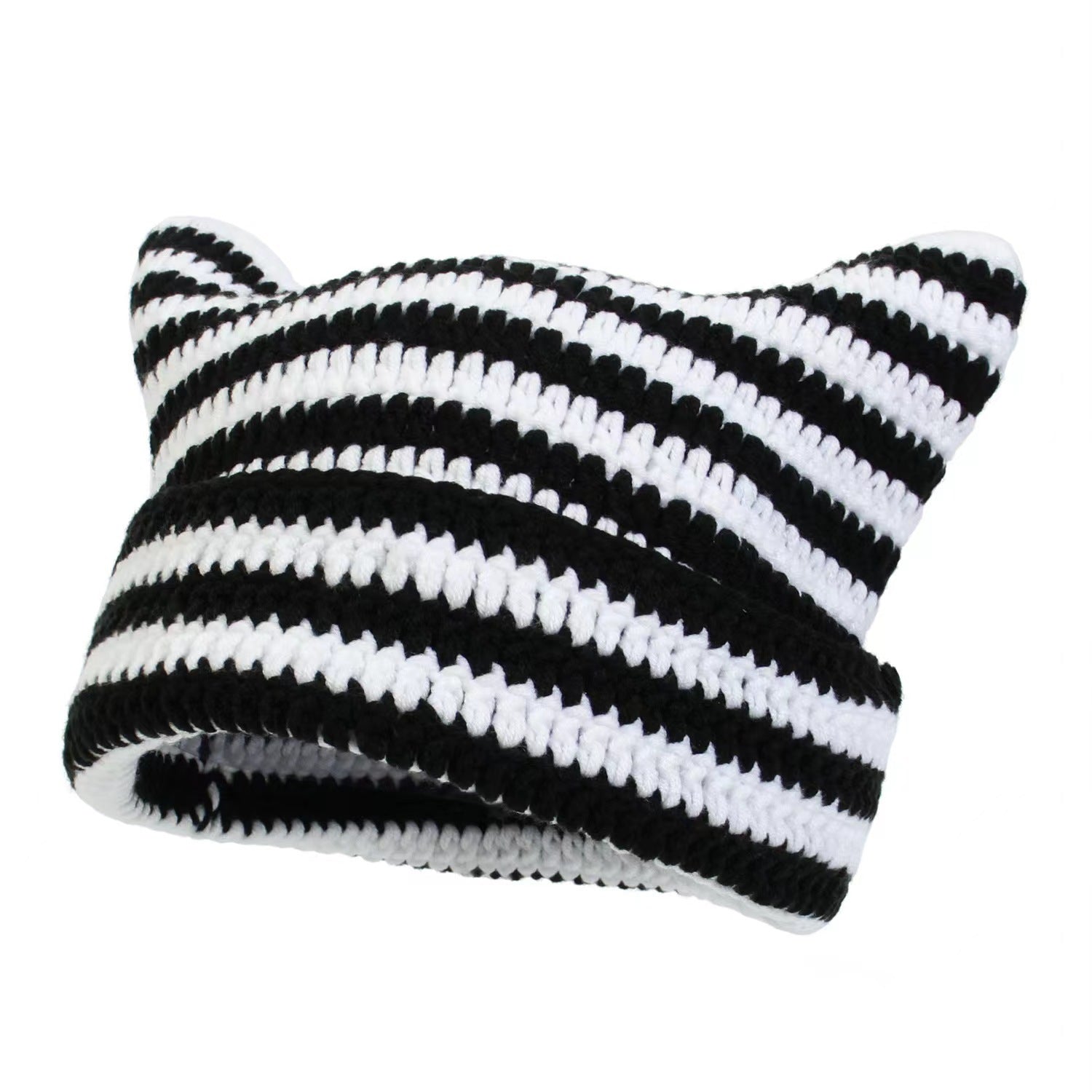 Women’s Hand Knitted Striped Cat Hat – Cute Warm Winter Beanie - FitiqueFit