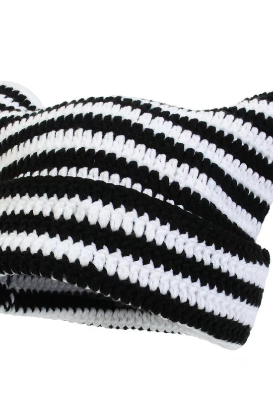 Women’s Hand Knitted Striped Cat Hat – Cute Warm Winter Beanie - FitiqueFit