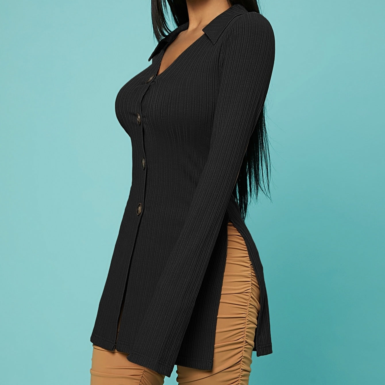 V-Neck Ribbed Knit Button Top CJ US