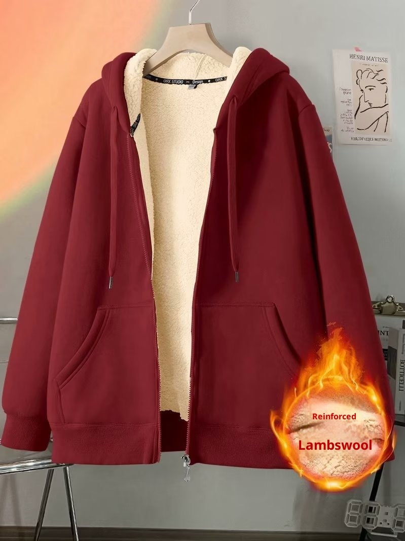 Women's Simple Solid Color Cold-proof Warm Berber Fleece Hooded Jacket 