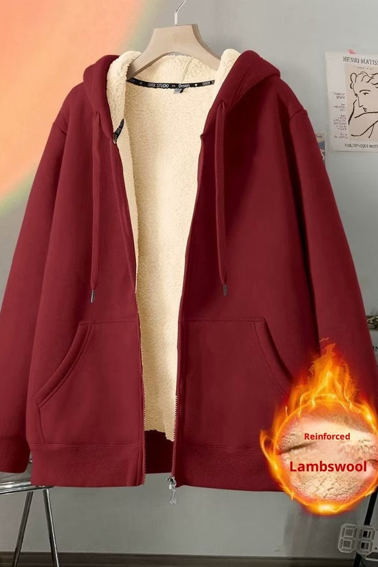 Women's Simple Solid Color Cold-proof Warm Berber Fleece Hooded Jacket 