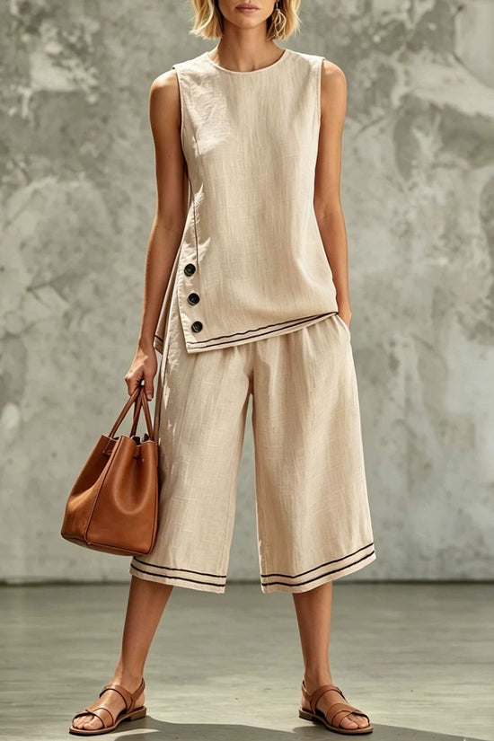 Sleeveless Side-split Tank Top Paired With Wide-leg Cropped Pants Womens Two-piece Set 