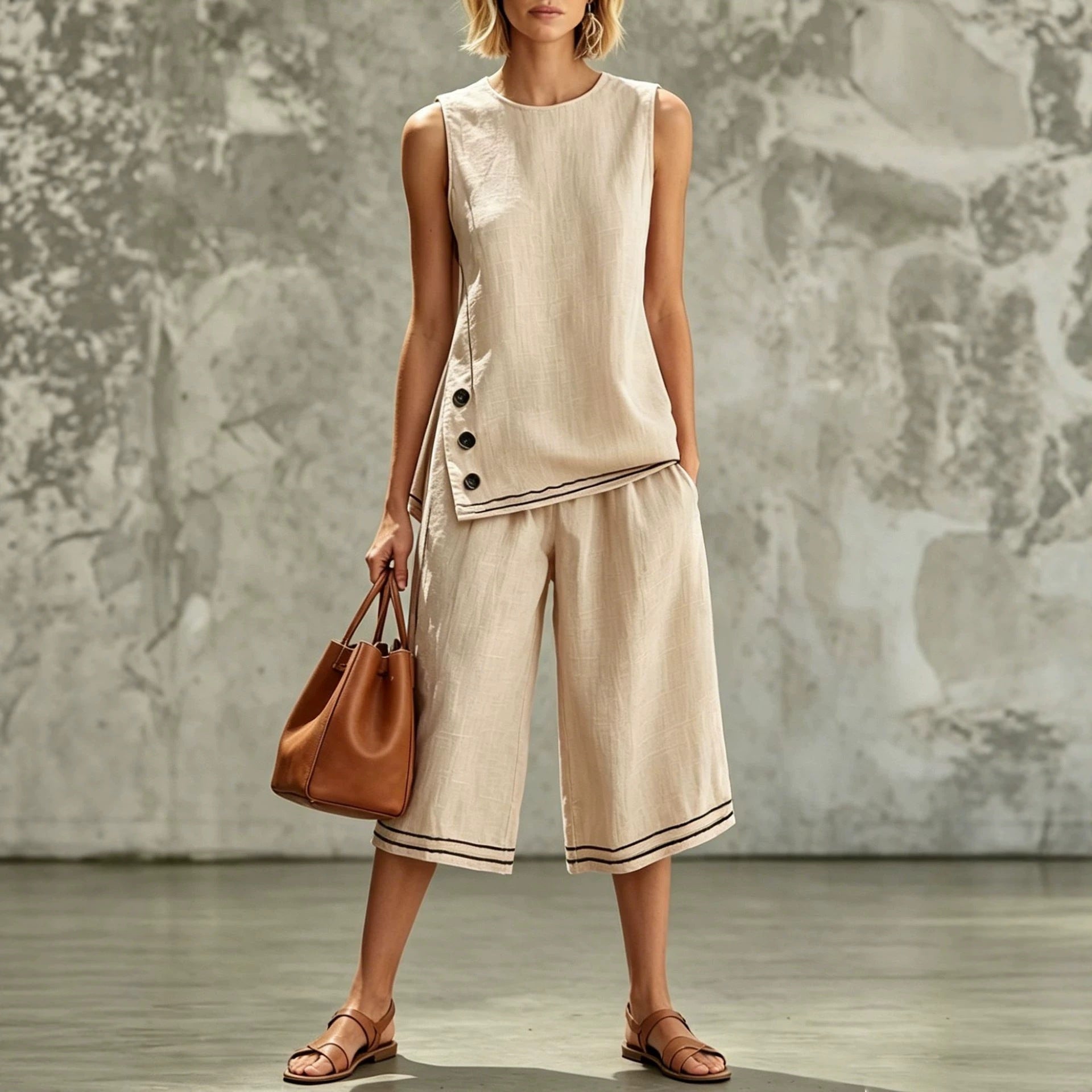 Sleeveless Side-split Tank Top Paired With Wide-leg Cropped Pants Womens Two-piece Set 