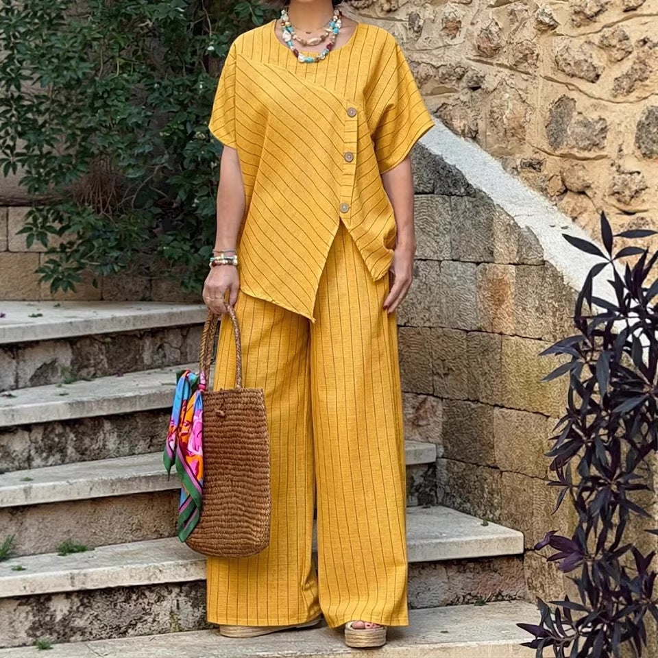 Striped Short-sleeve Shirt And Loose-fitting Pants Two-piece Set 