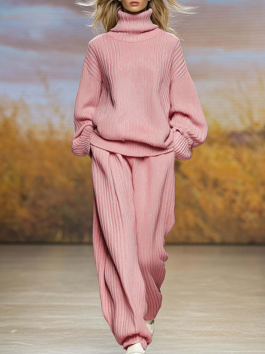 Casual Knit Loose High Neck Wide Leg Pants Set 