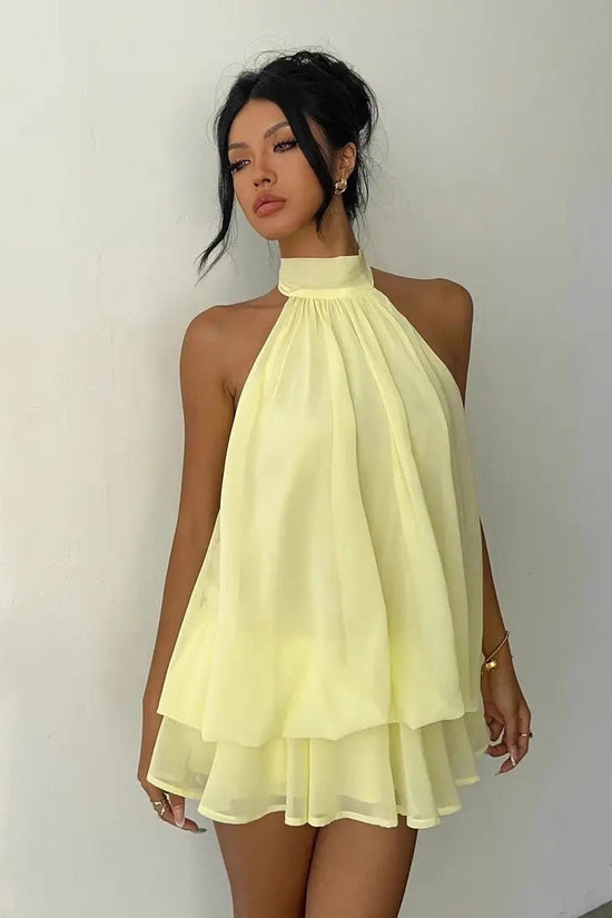 Women's vacation fitted sexy backless halter neck tie-waist dress with puffy short skirt 