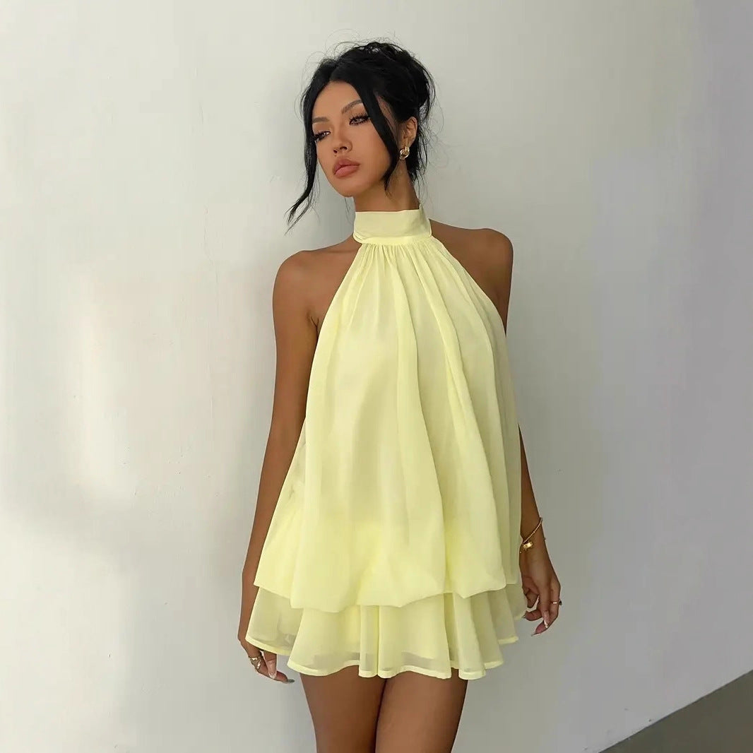 Women's vacation fitted sexy backless halter neck tie-waist dress with puffy short skirt 