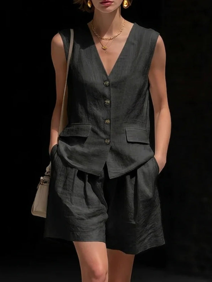 Womens Simple Elegant Cotton-Linen Vest Top And Shorts Two-Piece Set 