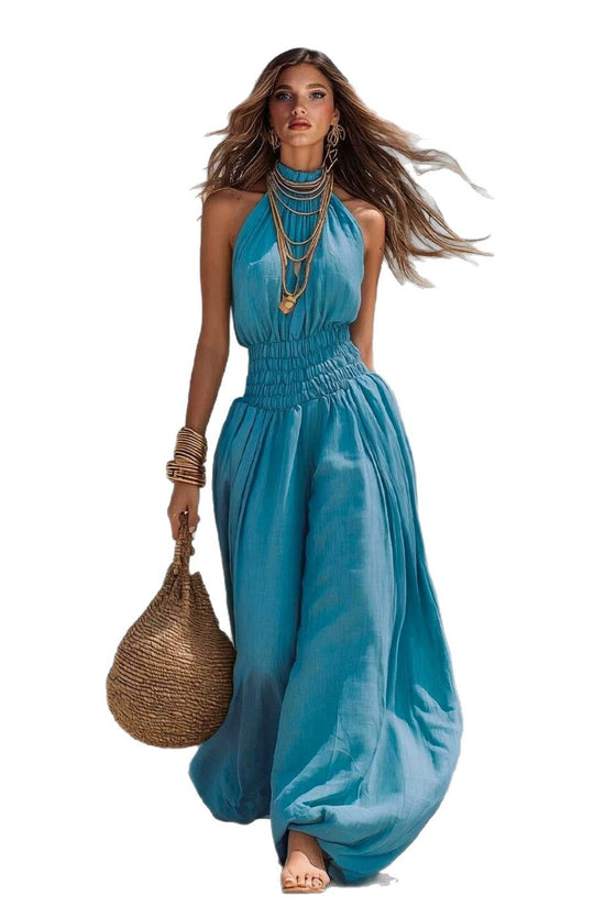 Casual style sleeveless hanging neck lantern pants jumpsuit for women 