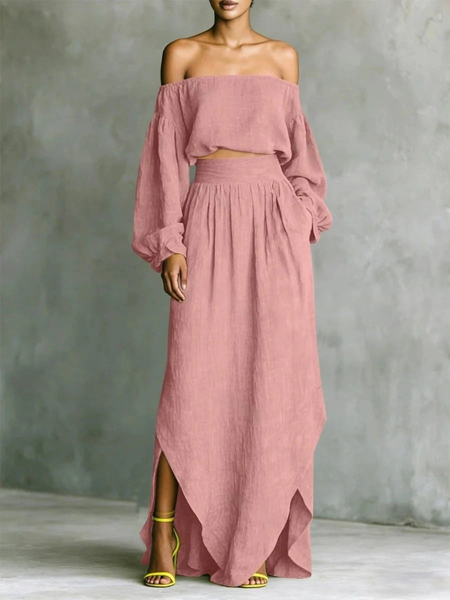 Casual Off-shoulder Top And An Asymmetrical Skirt Two Pieces 