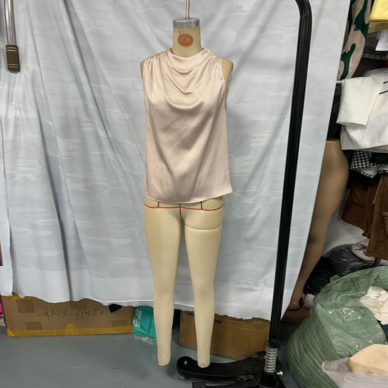 Women's Elegant Sleeveless Mock Neck Top, Ruffle Detail Solid Color Blouse For Office And Casual Wear 